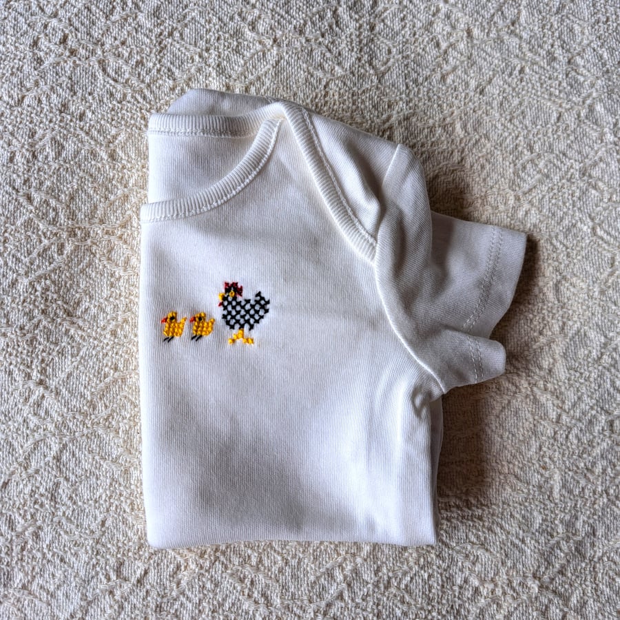 Hen and Chicks, Baby Vest, age 0-3 months, hand embroidered