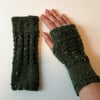 Fingerless Gloves Mittens Wrist Warmers in Dark Olive Green Tweed Aran Wool
