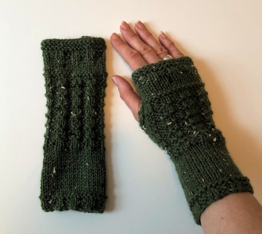 Fingerless Gloves Mittens Wrist Warmers in Dark Olive Green Tweed Aran Wool