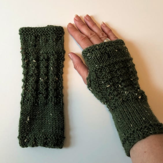 Fingerless Gloves Mittens Wrist Warmers in Dark Olive Green Tweed Aran Wool