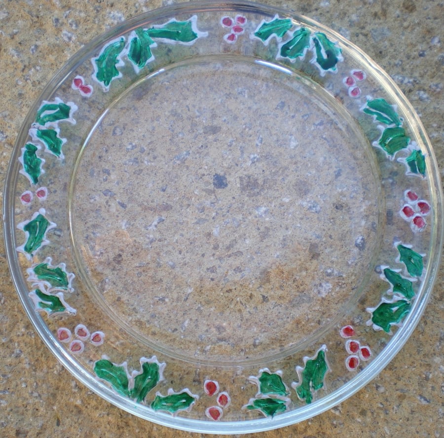 Glass Coaster with Hand painted groups of 3 holly leaves