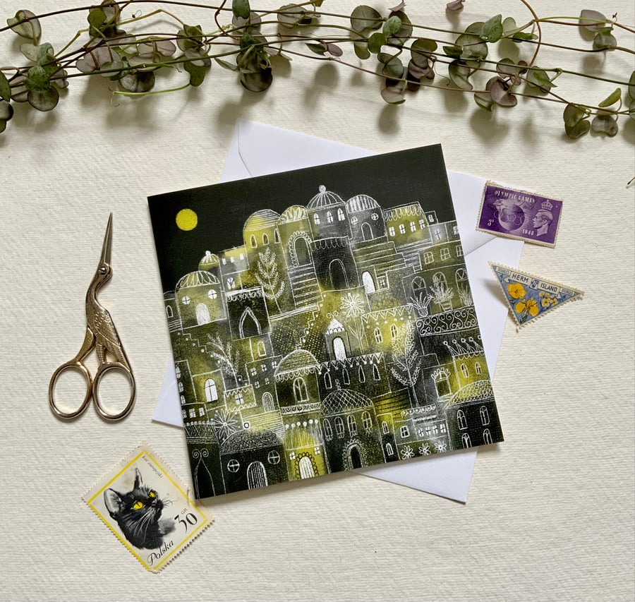 Illuminated City, blank greetings card 