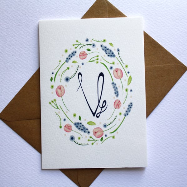 Monogram watercolour floral frame card