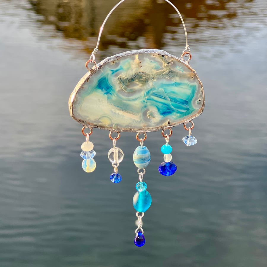 Agate Suncatcher Cloud with Vintage Glass Bead Droplets: Sea Blue