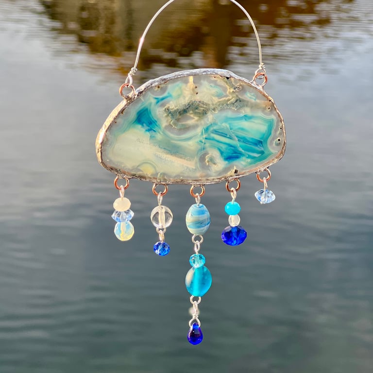 Agate Suncatcher Cloud with Vintage Glass Bead Droplets: Sea Blue