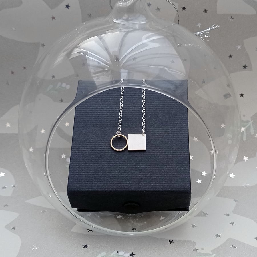 minimalist geometric filled gold & sterling silver circle square necklace