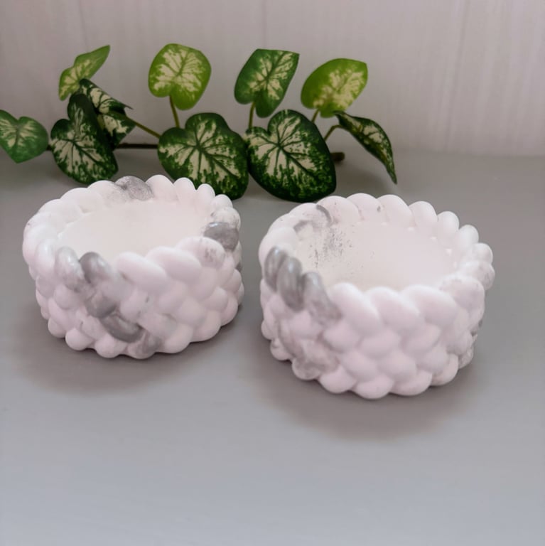 White and Silver Rope Tea Tea light Holders Set of Two 