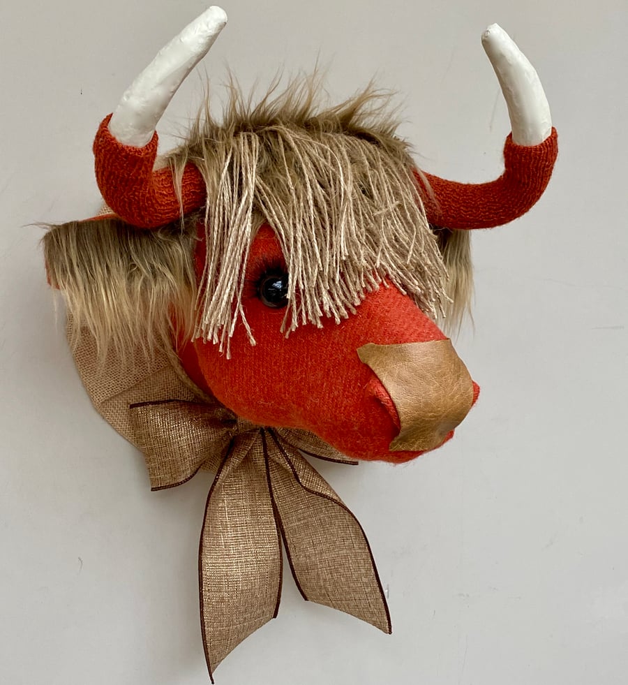Faux taxidermy Harris tweed orange Highland Cow Coo animal head wall mount