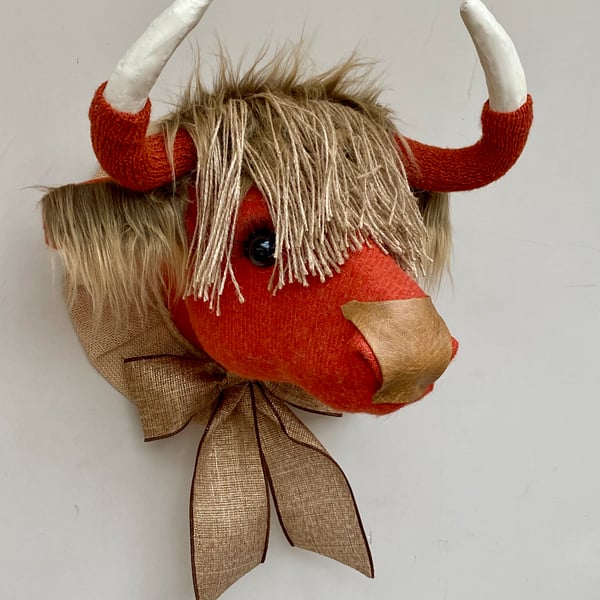 Faux taxidermy Harris tweed orange Highland Cow Coo animal head wall mount