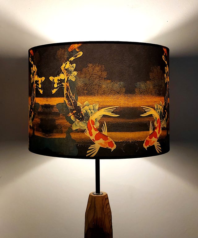 Koi on Black and Gold Drum Lampshade by Lily Greenwood - Medium - 30cm