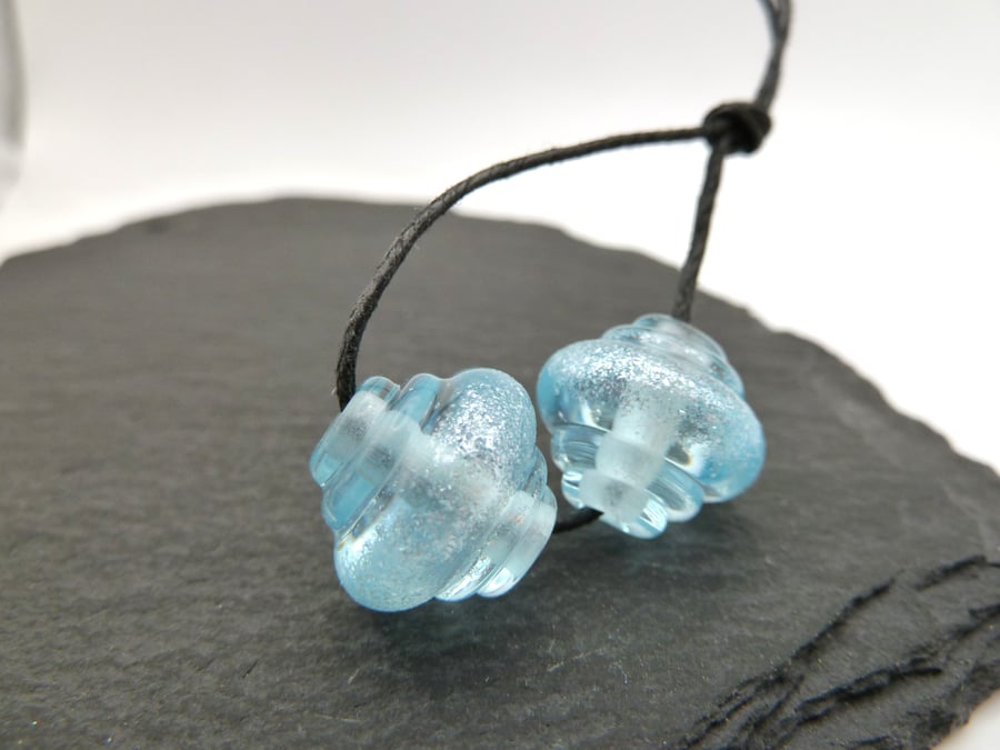 lampwork glass beads, blue glitter pair