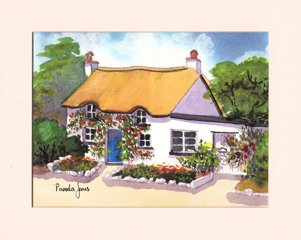 Thatched Cottage, Oxwich, Gower, Original Watercolour, in 10 x 8 '' Mount, Art