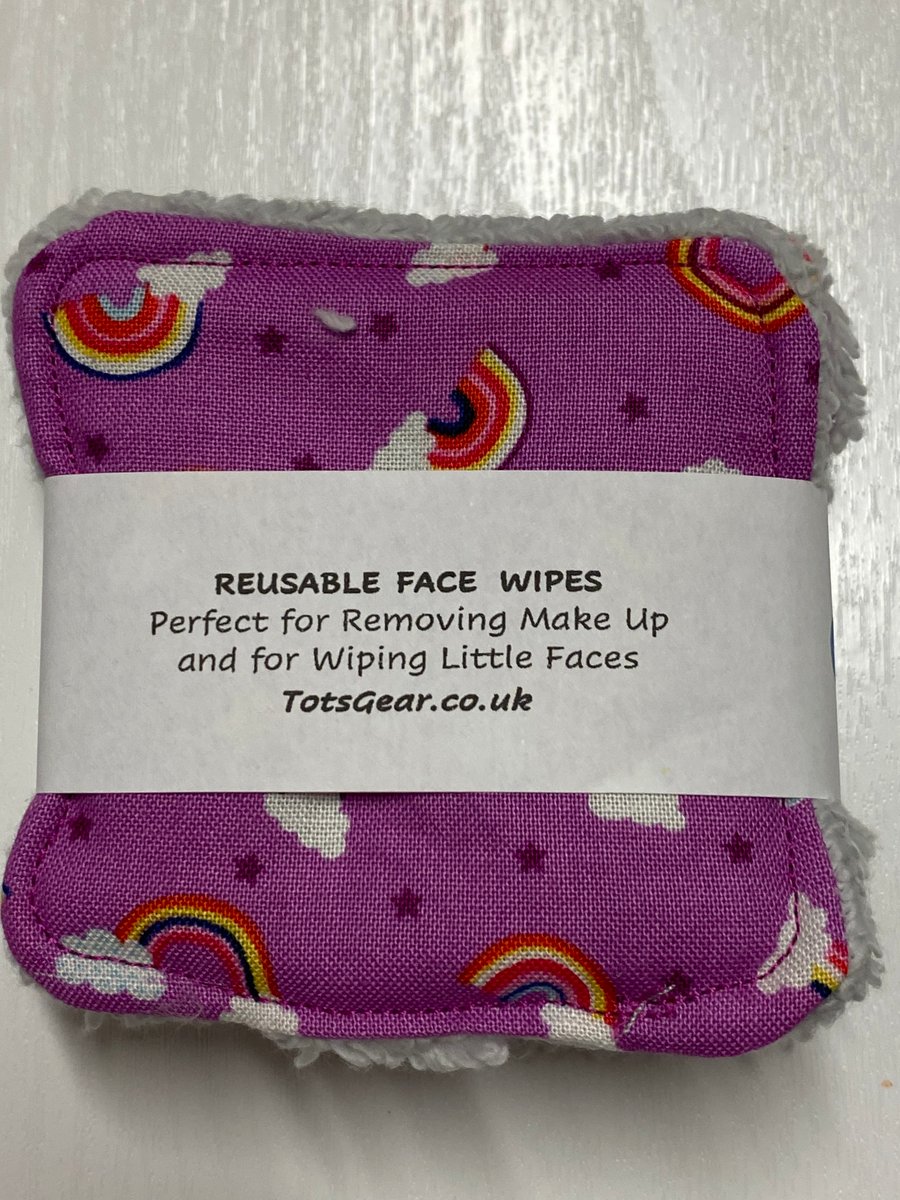 Reusable Face Wipes - Purple Rainbows with light grey towelling 