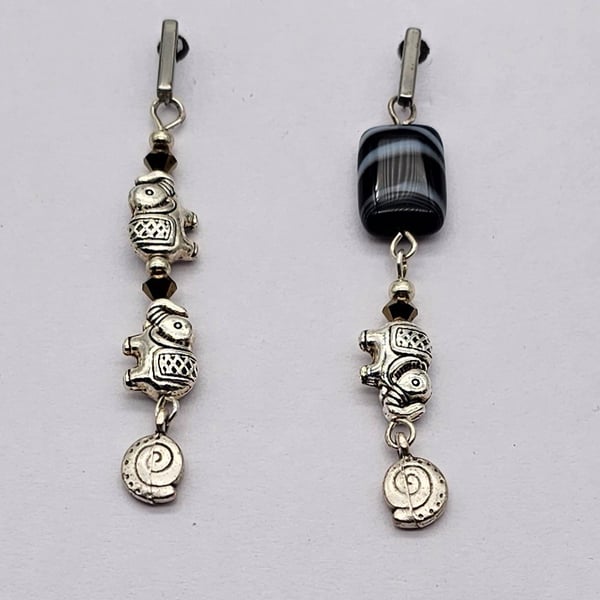 dangle earrings, silver plated elephant charms, long earrings