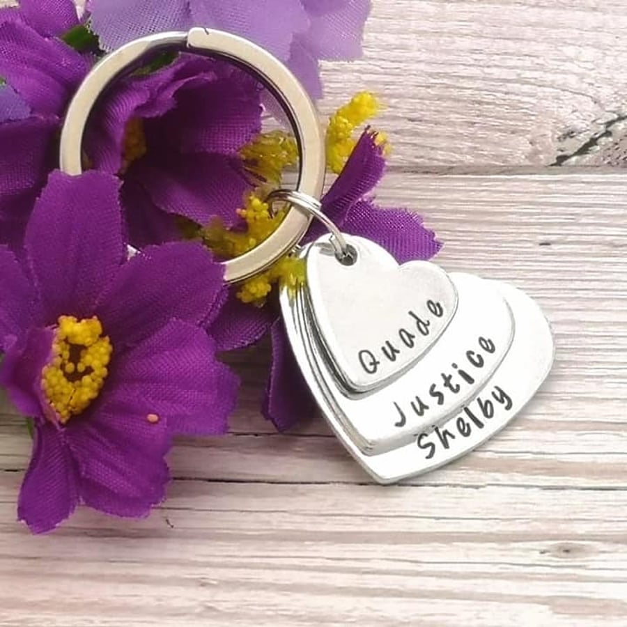 Personalised Stacked Heart Keychain - Three Name Keyring - Gift For Mummy - Dad