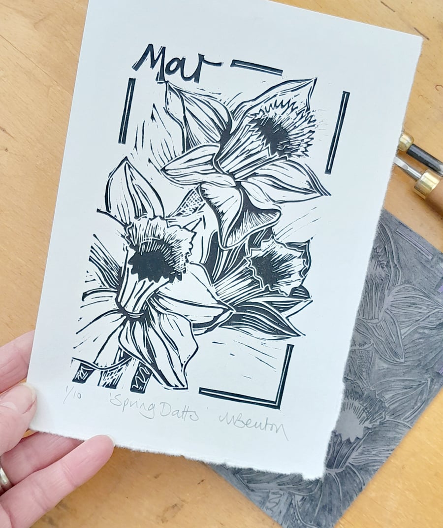 STOCK CLEARANCE 'Spring Daffs', Lino Print in Black on Hosho Paper
