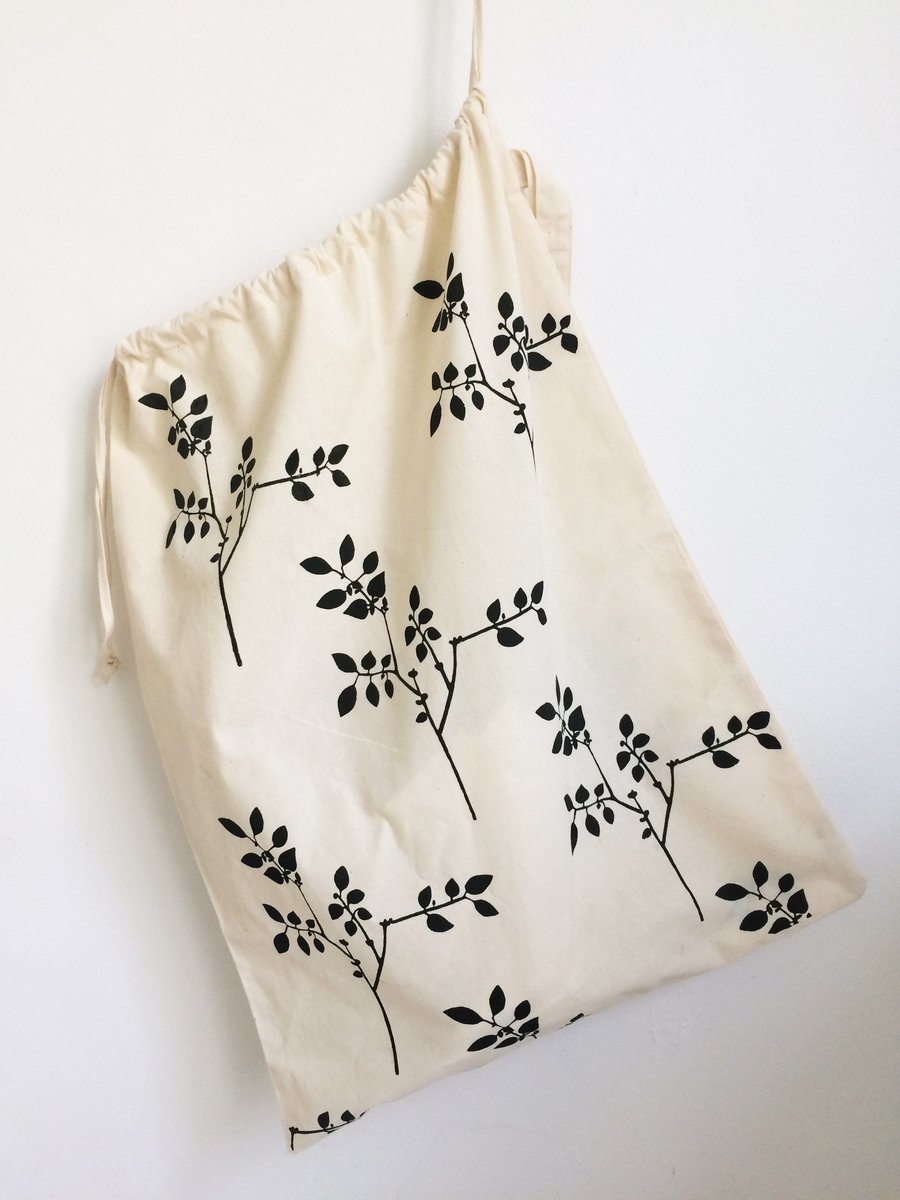 Plants hand printed natural cotton large drawstring laundry bag 