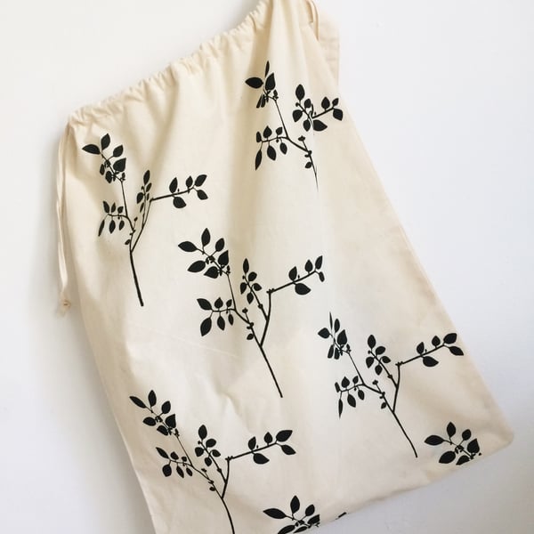 Plants hand printed natural cotton large drawstring laundry bag 