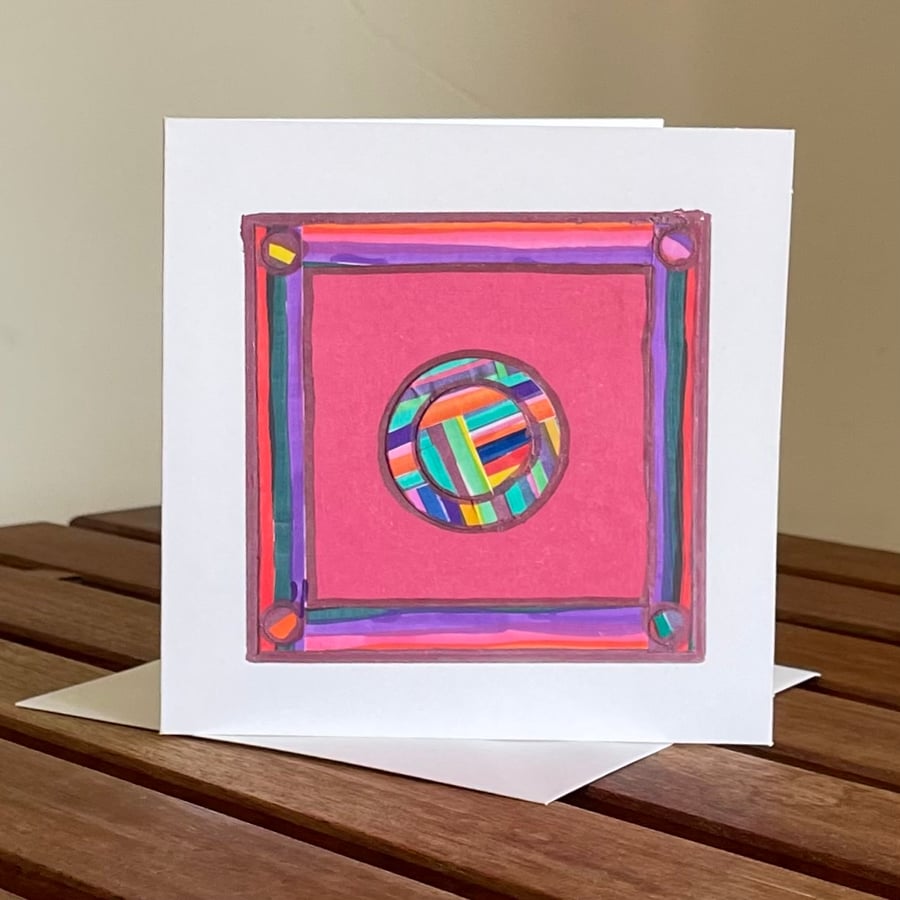 Blank card - handmade patchwork collage ‘Concentric Circles and Stripes’