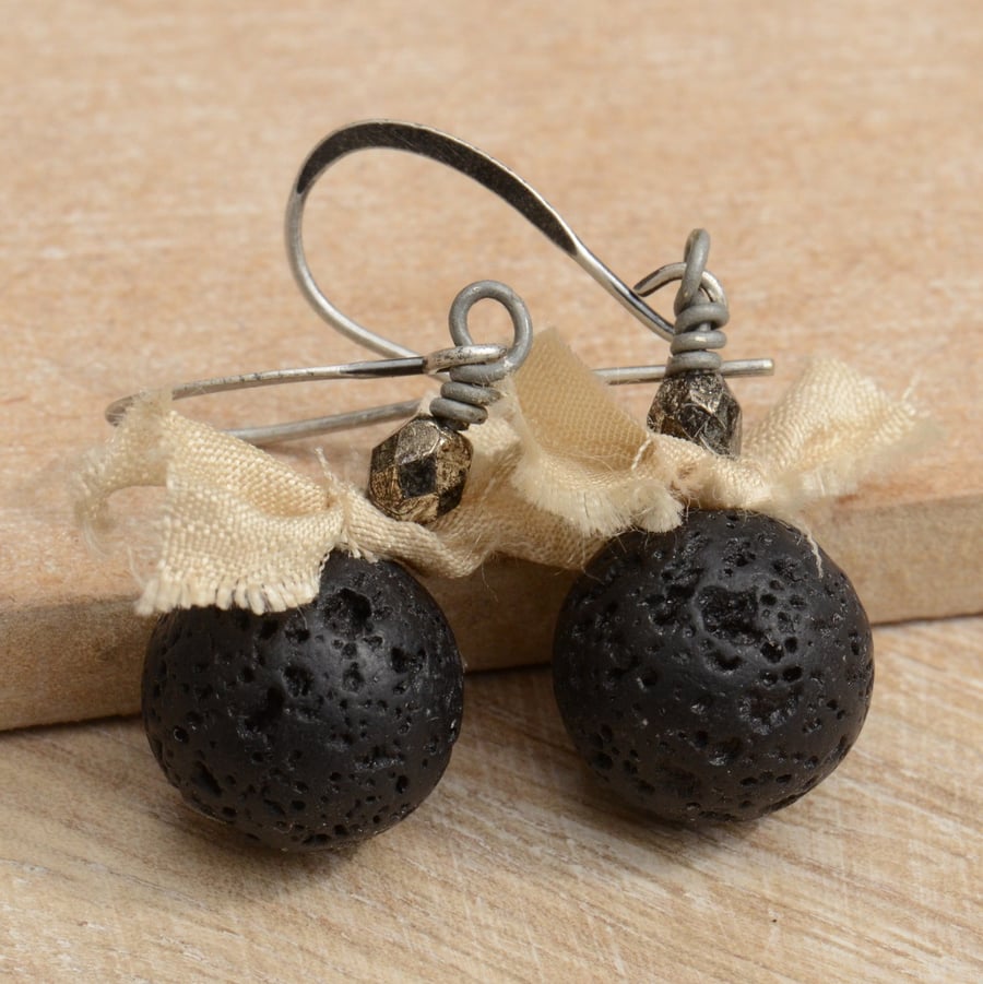 Lava Rock, Sari Silk Ribbon & Gunmetal Czech Bead Earrings