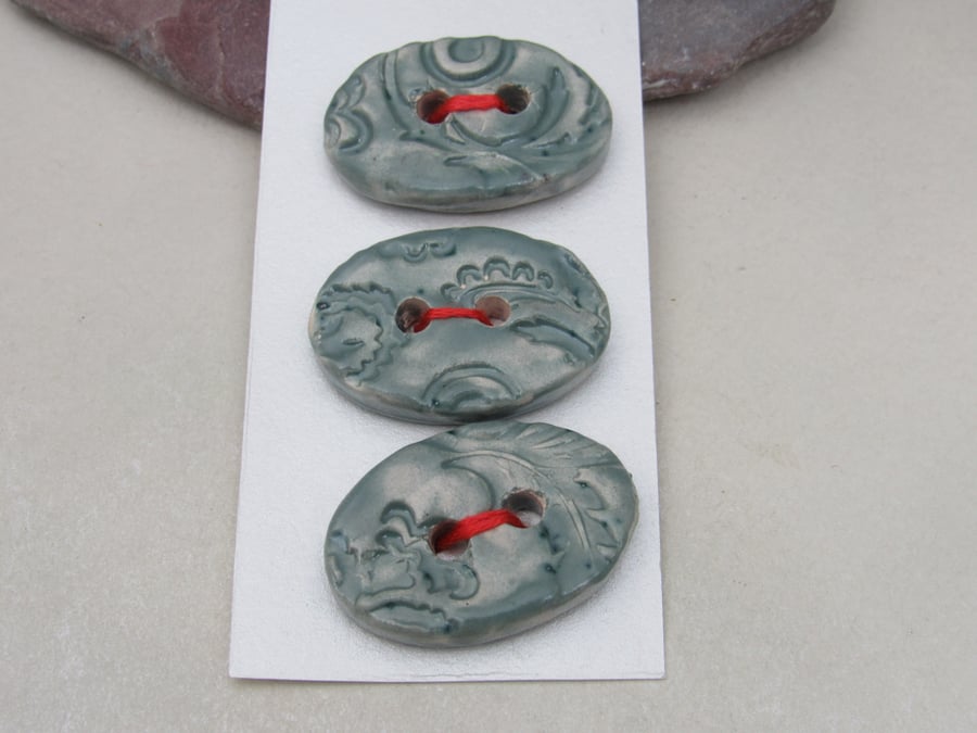 3 Medium Oval Sage Green Brocade Pattern Ceramic Buttons