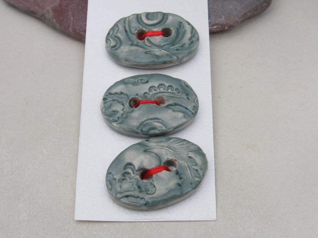 3 Medium Oval Sage Green Brocade Pattern Ceramic Buttons
