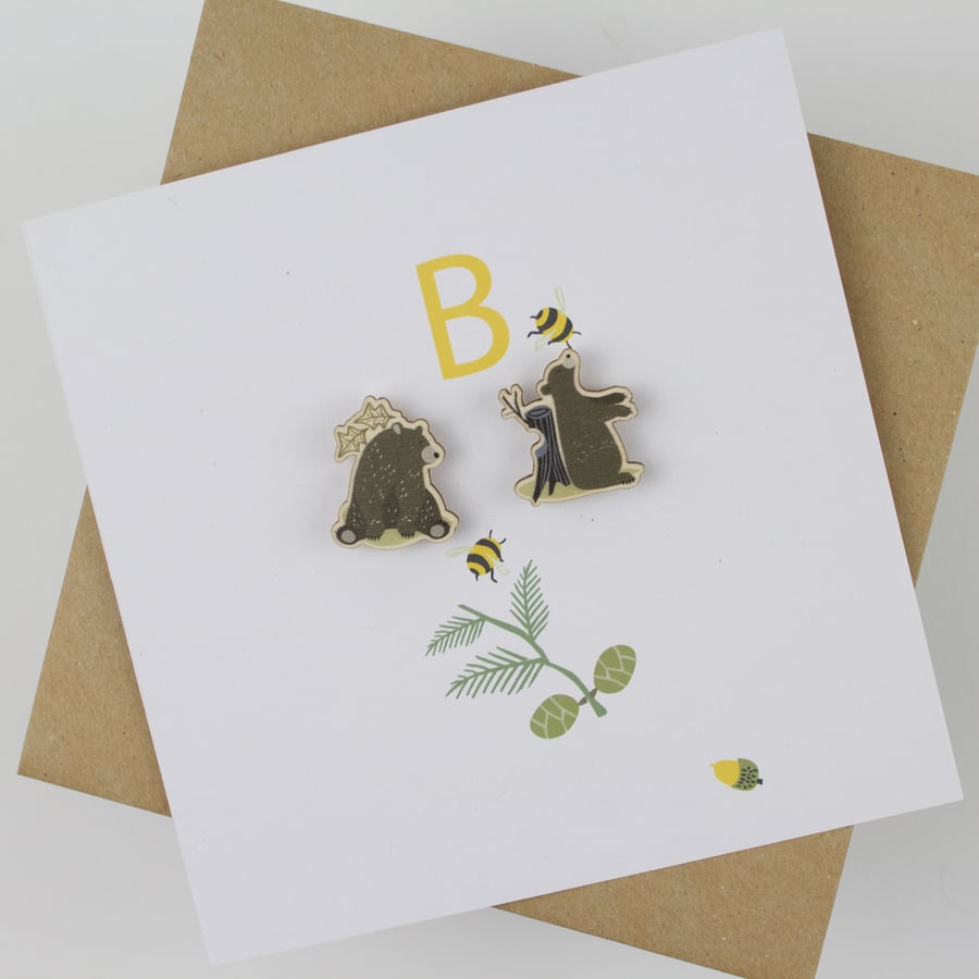 Personalised Card with 2 Wooden Bear Pin Badges