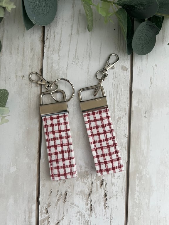 Key Fob Set in Burgundy & White Check Fabric, Bag Strap, Key Ring