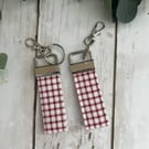 Key Fob Set in Burgundy & White Check Fabric, Bag Strap, Key Ring