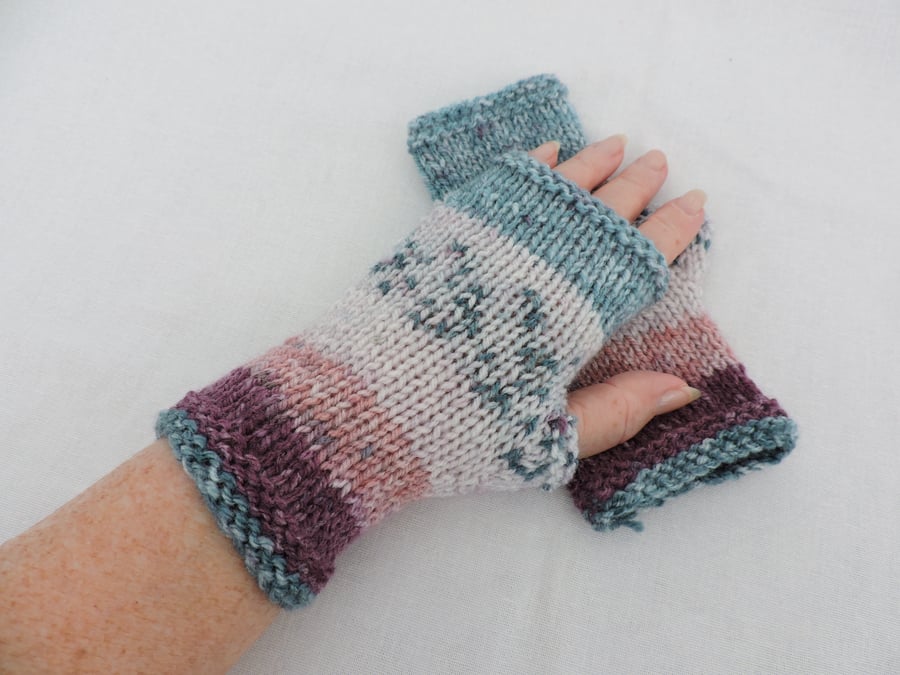 CLEARANCE SALE Knitted Fingerless Mitts Fair Isle  Turquoise White Pink Purple