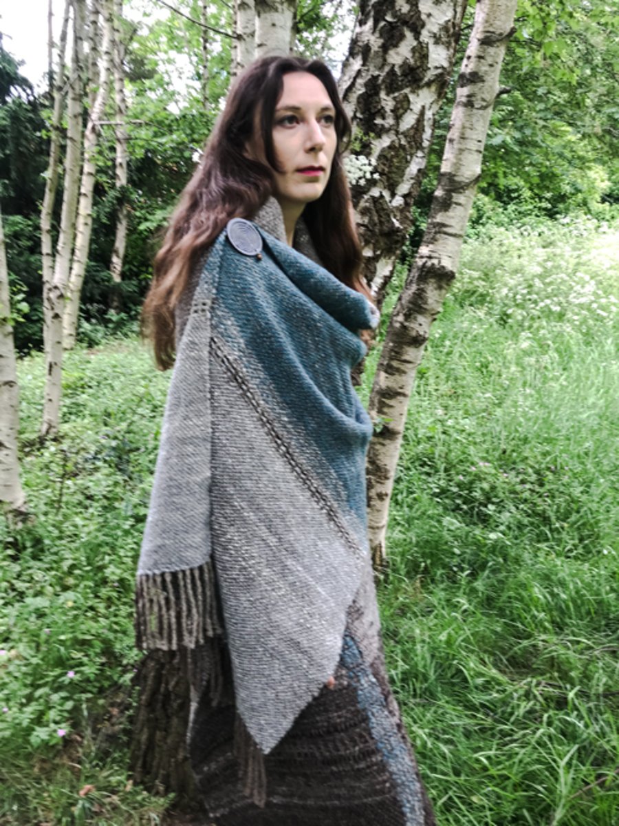 Hand Woven Hand Spun Blue and Grey Shawl Wrap Chunky Earthy Long 100% Pure Wool 