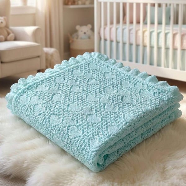 Handmade Mint Baby Shawl, Knitted Heart Lace Blanket for Newborns Christenings 