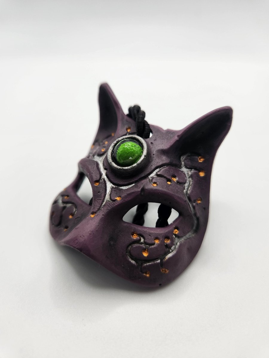 Samurai Cat Mask Rear View Mirror Charm Hand-Painted 3D Printed Car Accessory