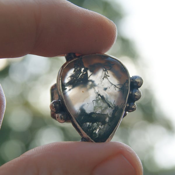 Green Moss Agate Ring Size 7.5, Large Rustic Heart Ring