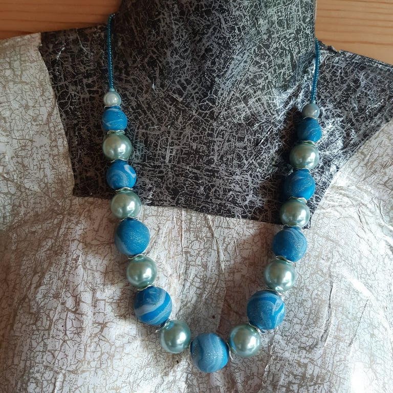 Turquoise and silver polymer clay necklace