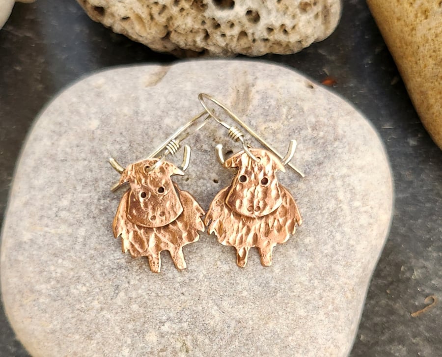 Highland Cow earrings in copper and sterling silver