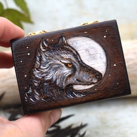 Wolf Moon. Tiny pyrography box. Fantasy wolf art.