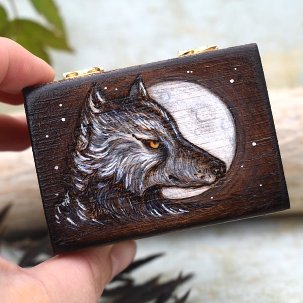 Wolf Moon. Tiny pyrography box. Fantasy wolf art.