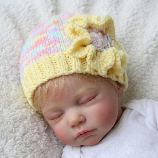 Hand-Knitted Baby Hat, Newborn to 3 Months, Pastel Baby Beanie, Flower Applique 