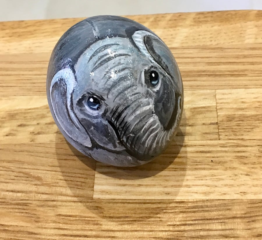 Elephant baby painted pebble wildlife rock art 