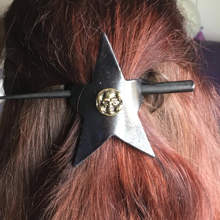 Black Leather Hair Stick Barrette - Star Shaped (with Skull Center)