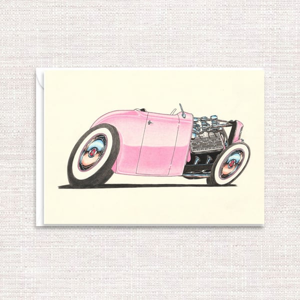 Pink Street Rod Card - Hand Drawn Illustration of a Classic American Car