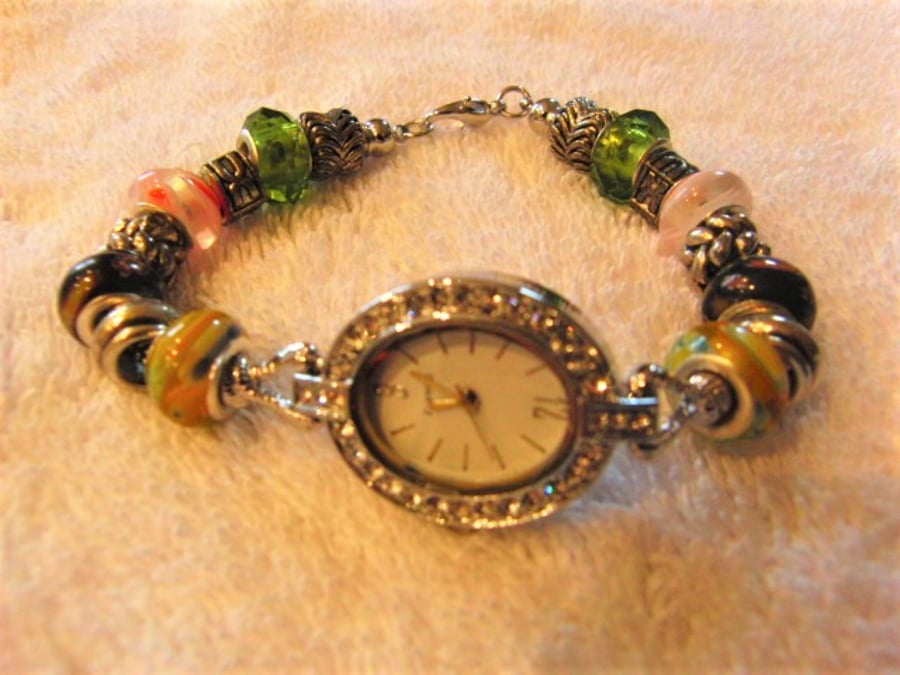 Ladies Diamante Wrist Watch with a Lampwork Bead Bracelet