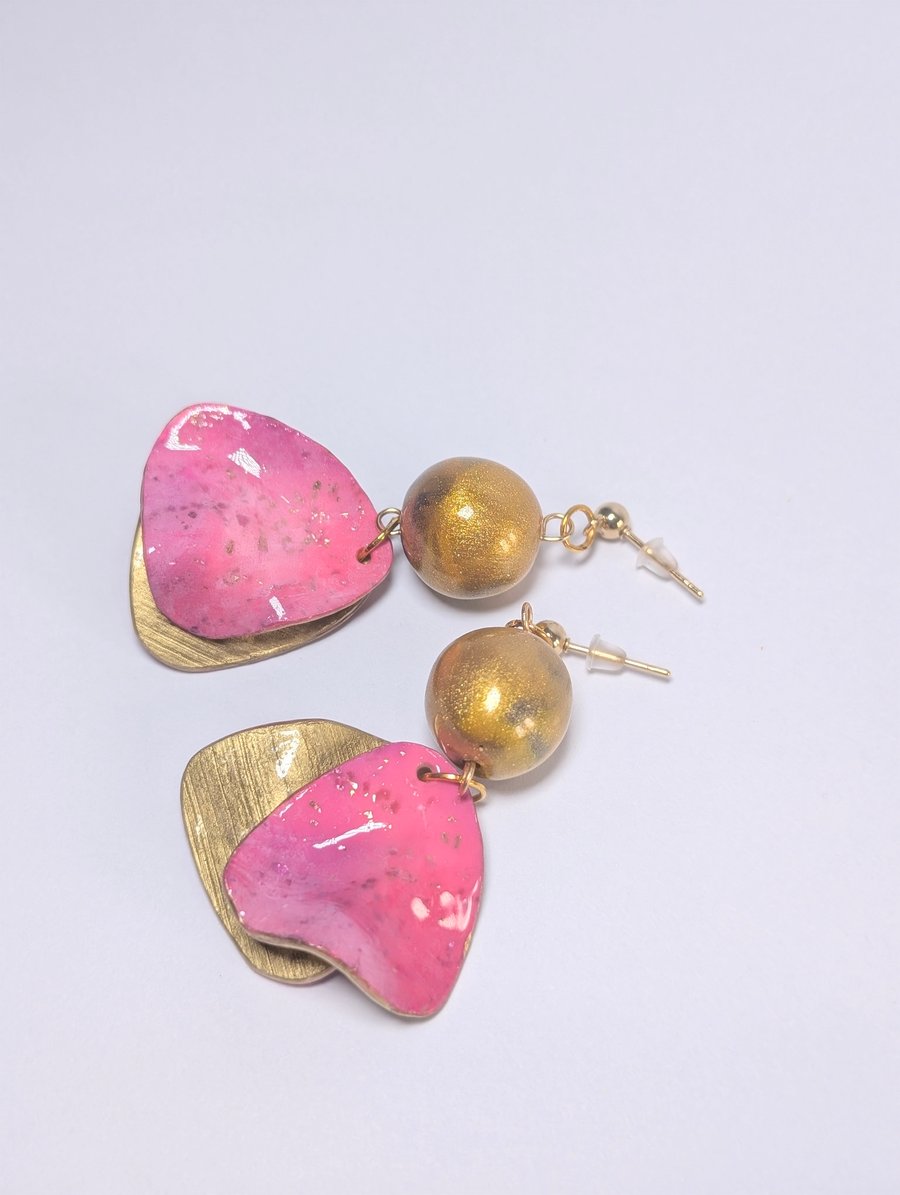 Pink and gold petal galaxy dangle handmade polymer clay Earrings with gold studs