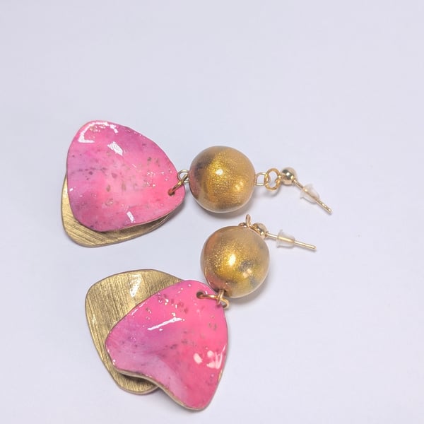 Pink and gold petal galaxy dangle handmade polymer clay Earrings with gold studs