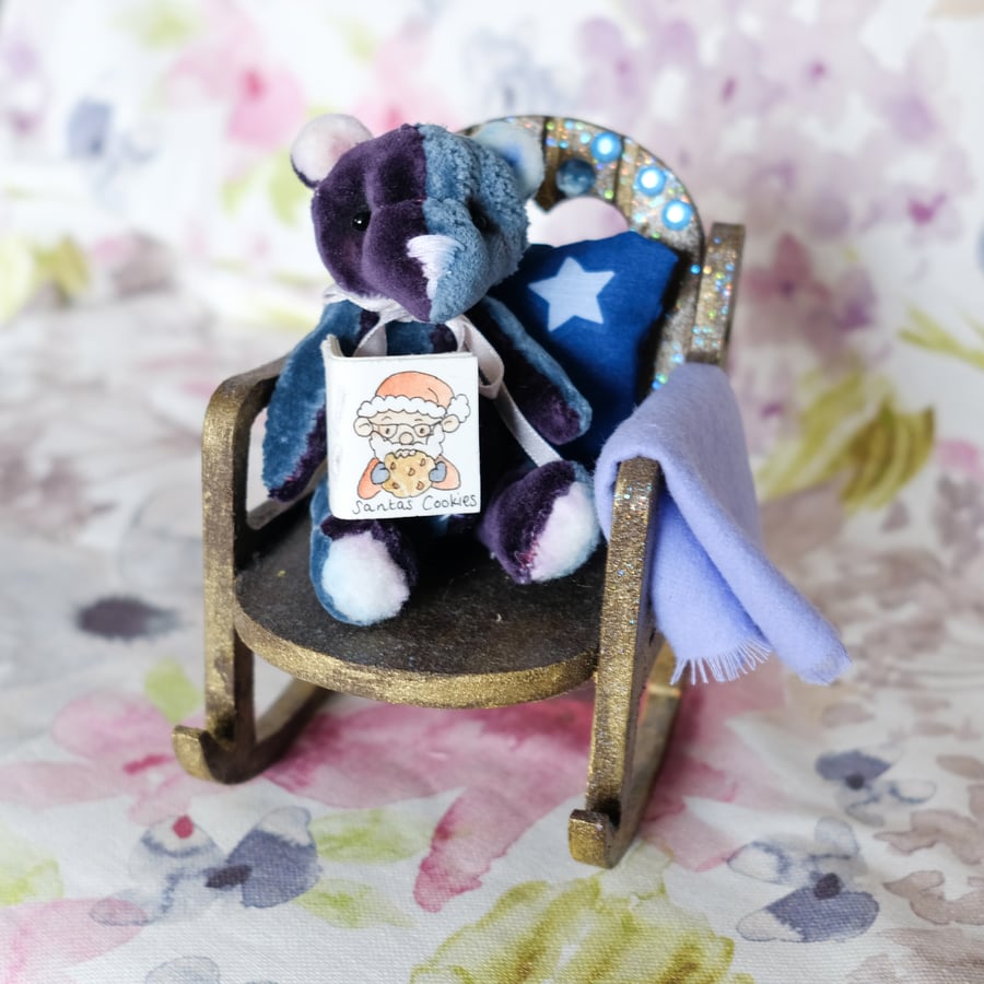 Bailey, miniature Christmas bear, hand sewn collectible bear with rocking chair 