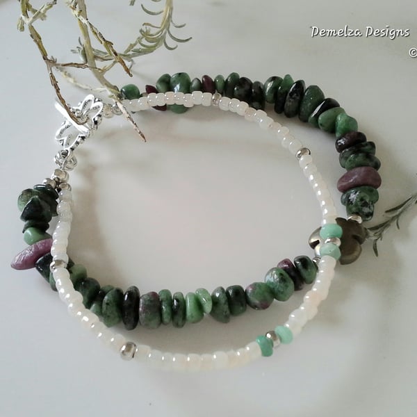Genuine Emerald, Ruby Zoisite,  Pyrite & Seed Bead Tibetan Silver Bracelet