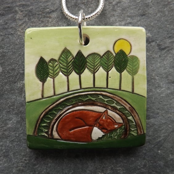 Handmade Ceramic Fox pendant in green