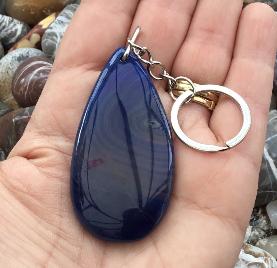 Royal Blue!  Lovely Blue Banded Agate Gemstone Keyring or Handbag Charm!