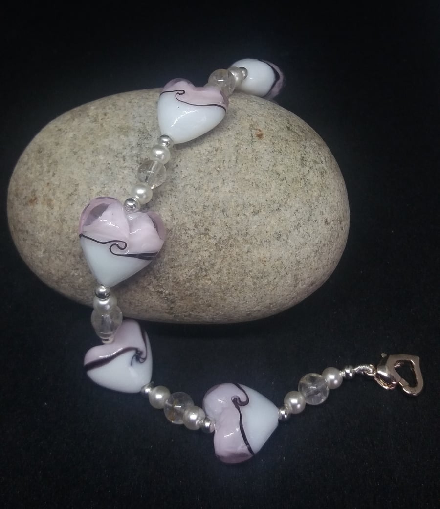 BR138  Heart lampwork and quartz bracelet